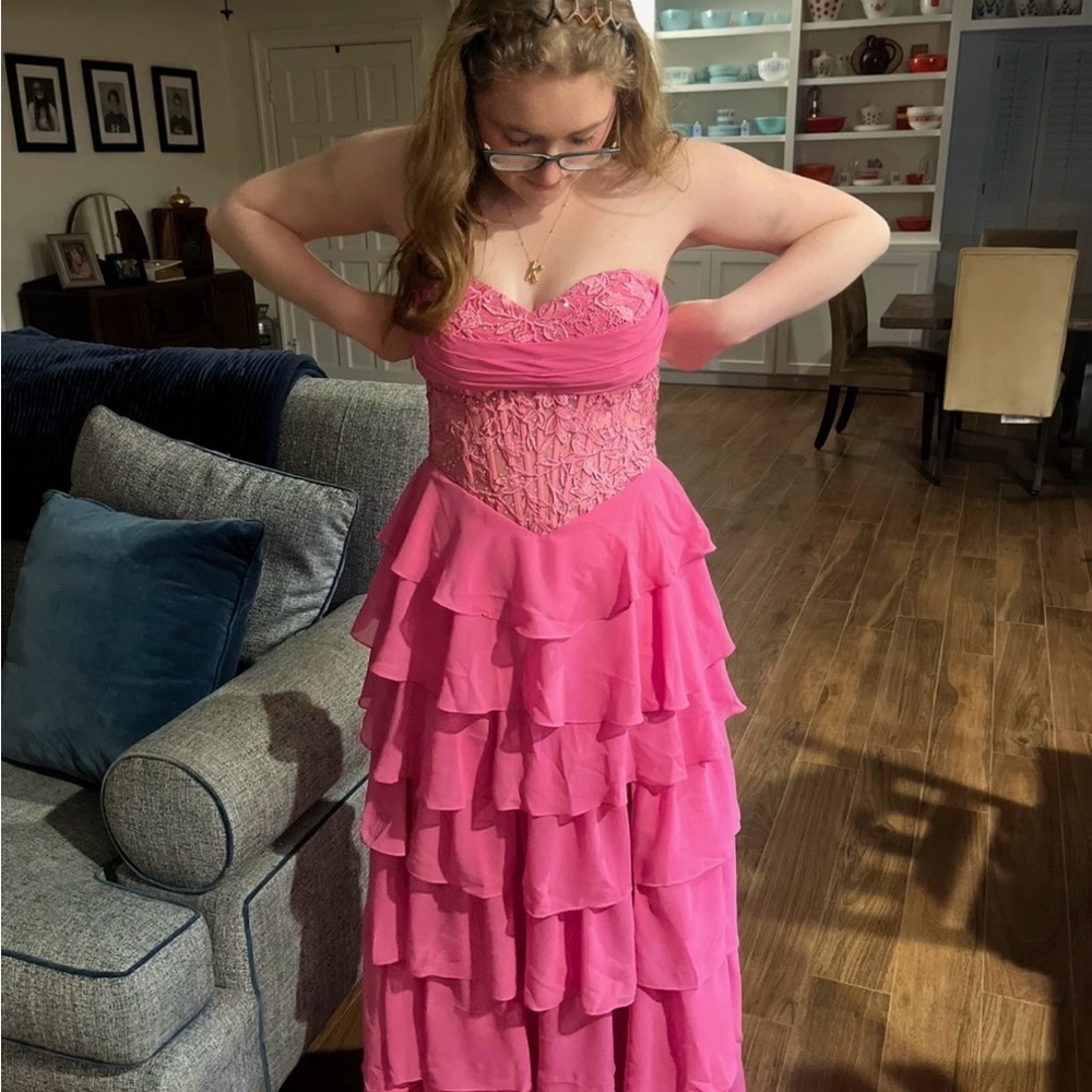 Strapless Pink Ruffled Prom Dress